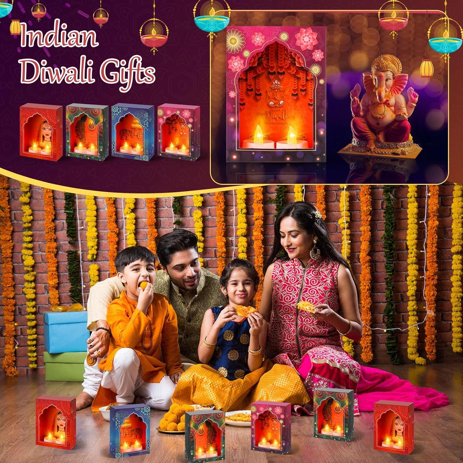 Retisee Sets of 12 Paper Deep Diwali Decor Include 12 Diwali Candle Holders, 12 Candle LED Light, 12 Double Sided Tape for Decoration Home Wall Festive Decor