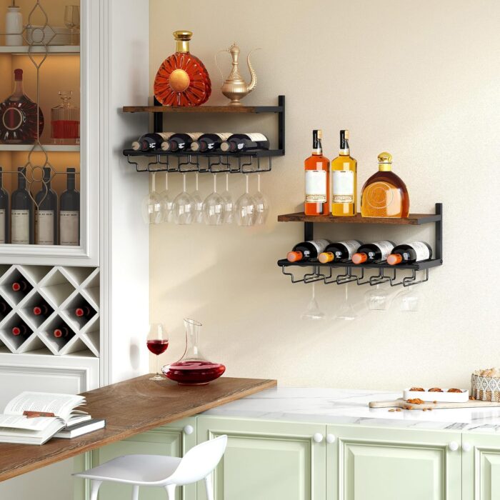 2 Tiers Wine Rack Wall Mounted with Wine Bottle Holder & Wine Glass Rack, Bar Shelves for Liquor Bottles, Hanging Wine Rack, Wine Storage Display Rack Shelf for Home Bar,Dining Room,Kitchen,Rustic - Image 2