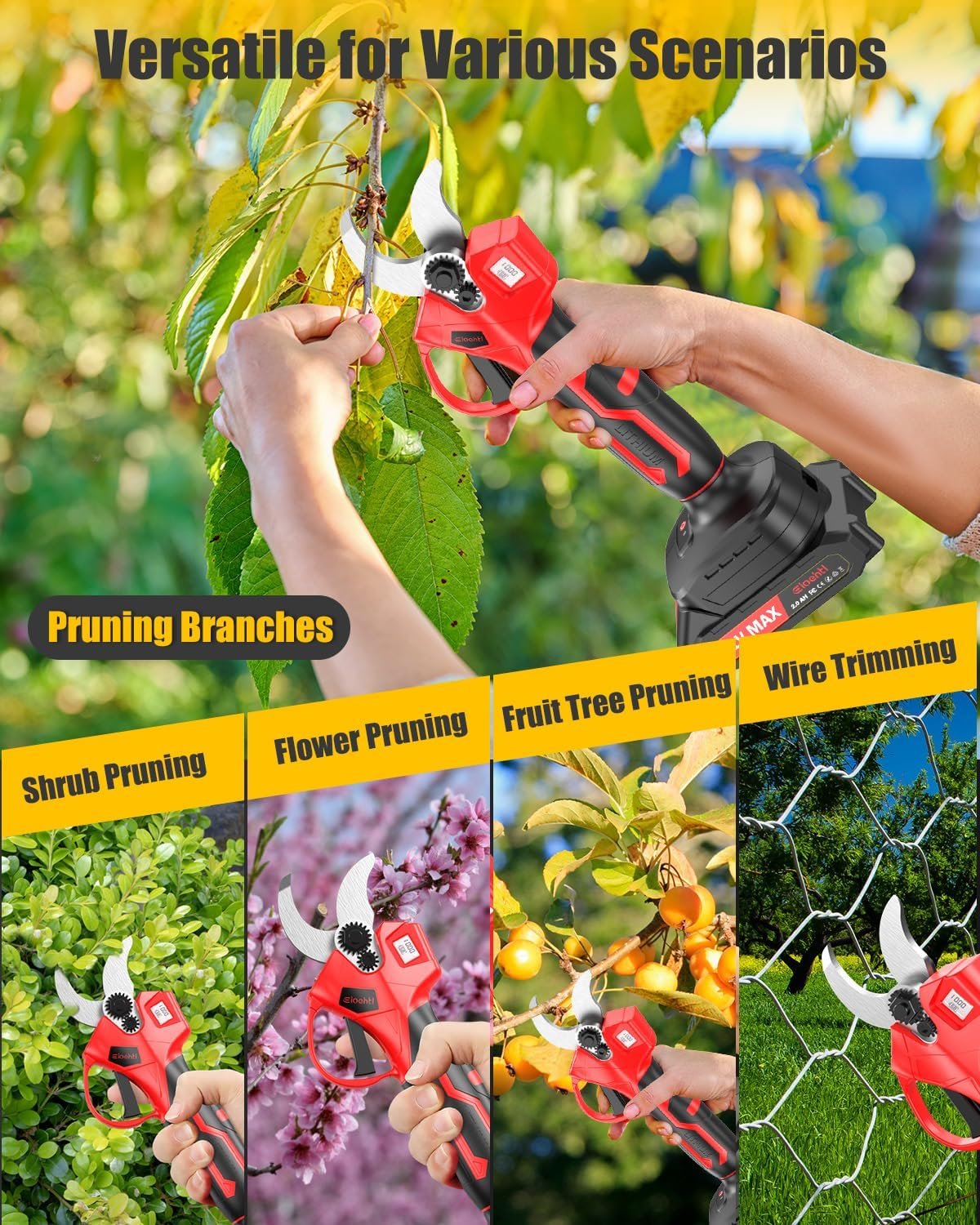 Electric Pruning Shears Cordless, 1.4″ Cutting Diameter, LCD Display with Cutting Count & Battery Level, Powerful Brushless Motor, 2×2000mAh Batteries, Battery Pruner for Garden, Orchard & Fruit Trees