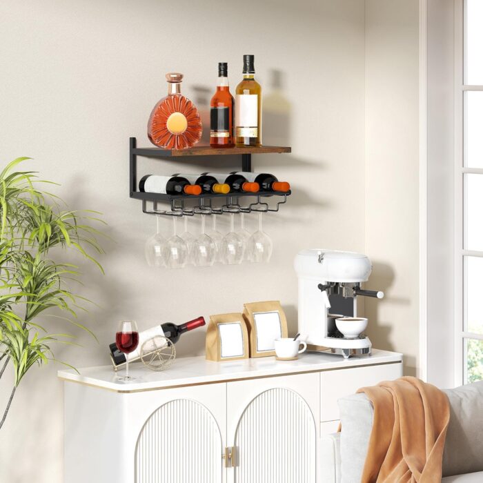 2 Tiers Wine Rack Wall Mounted with Wine Bottle Holder & Wine Glass Rack, Bar Shelves for Liquor Bottles, Hanging Wine Rack, Wine Storage Display Rack Shelf for Home Bar,Dining Room,Kitchen,Rustic - Image 5
