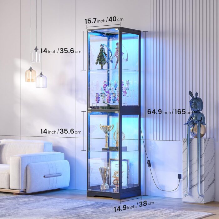 Glass Display Cabinet with Doors, 65" Tall 4-Tier Curio Display Case with 3 Color Lights and Human Body Sensor, Bookcase for Collectibles, Black - Image 2