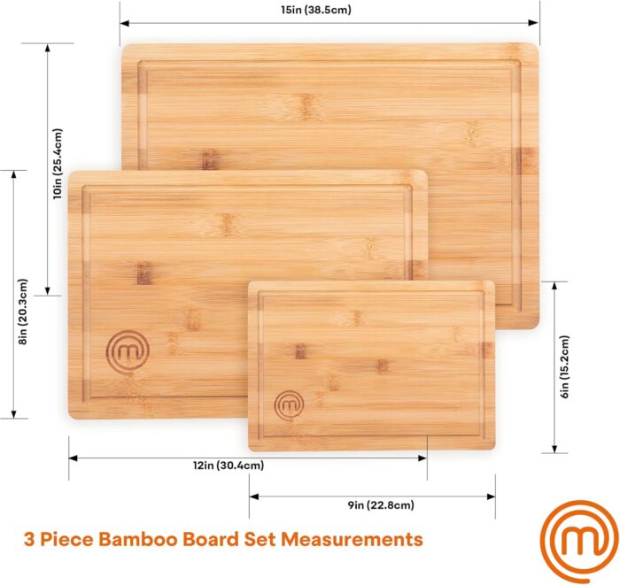 MasterChef Bamboo Cutting Boards for Kitchen, Wooden Cutting Board Set of 3, Natural, Organic & Food Safe Surface, Reversible Large, Medium & Small Wooden Chopping Boards with Juice Grooves - Image 6