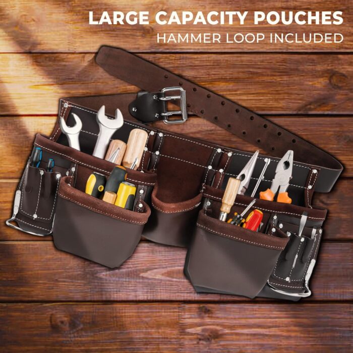 Leather Tool Belt Pouch Bag, Comfort Back Support Tool Pouches with Suspenders for Construction,Framers,Carpenter,Handyman (Black, Extra Large)30" waist size up to 56" (12 POCKET BROWN) - Image 4