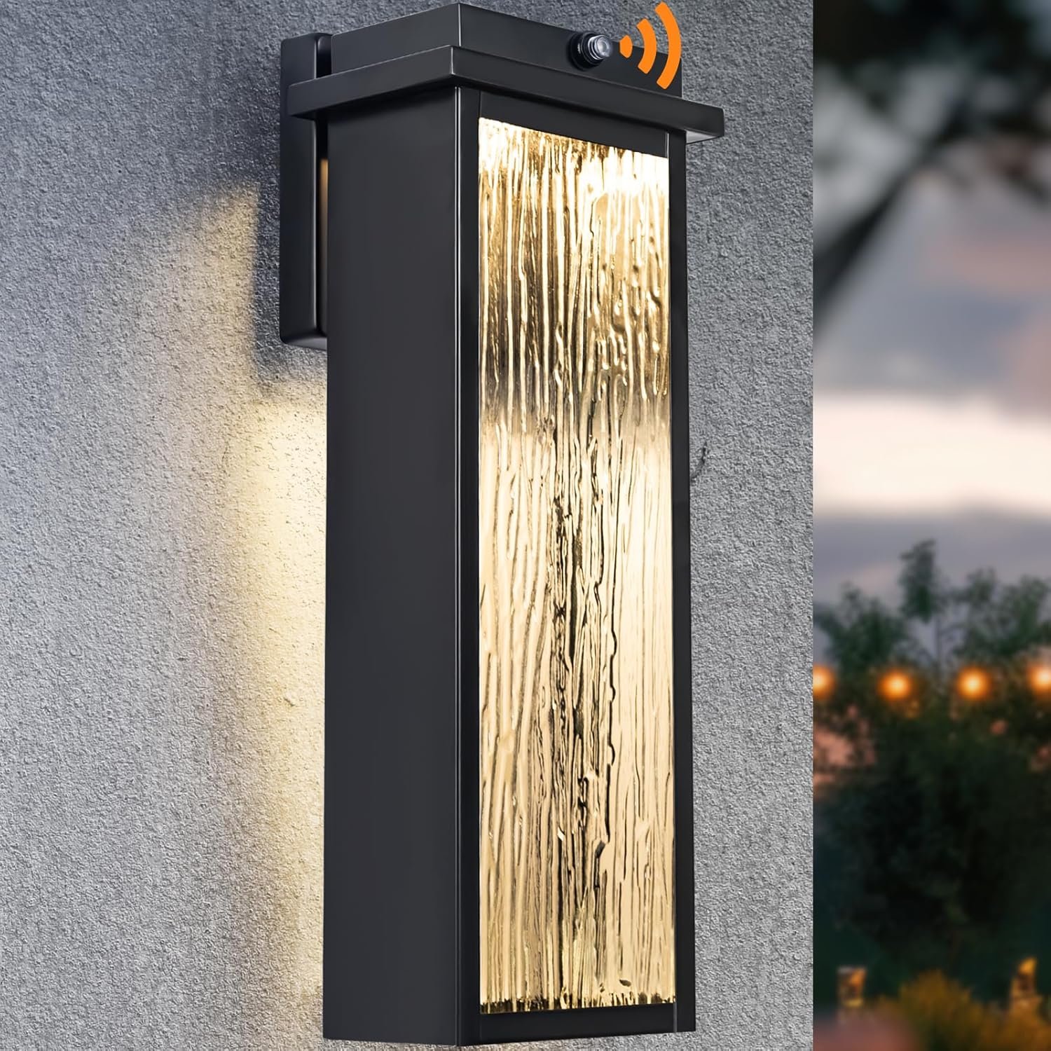 16″ Black Dusk to Dawn LED Outdoor Wall Light, Large Exterior Lighting Fixture, Modern Outside Wall Mounted Porch Sconce, Waterproof Patio Lantern Lamp with Sensor, 1 Pack