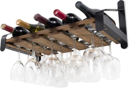 Rustic State Barrel Wall Mount Wood Floating Wine Rack with Glassware Holder Stemware Shelf Organizer for 5 Bottle and up to 15 Glass Storage – Kitchen Dining Room Bar Décor – Walnut