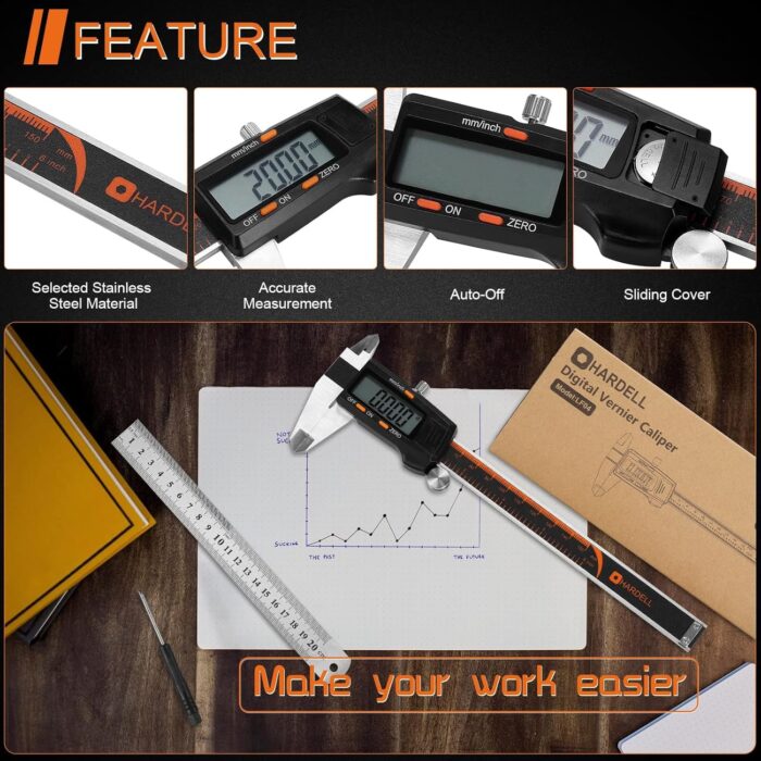 HARDELL Digital Caliper 6 Inch with Large LCD Screen, Calipers Measuring Tool with Auto-Off Feature, Inch/Millimeter Conversion, Electronic Vernier Caliper Micrometer for Jewelers/Woodworkers/DIY - Image 5
