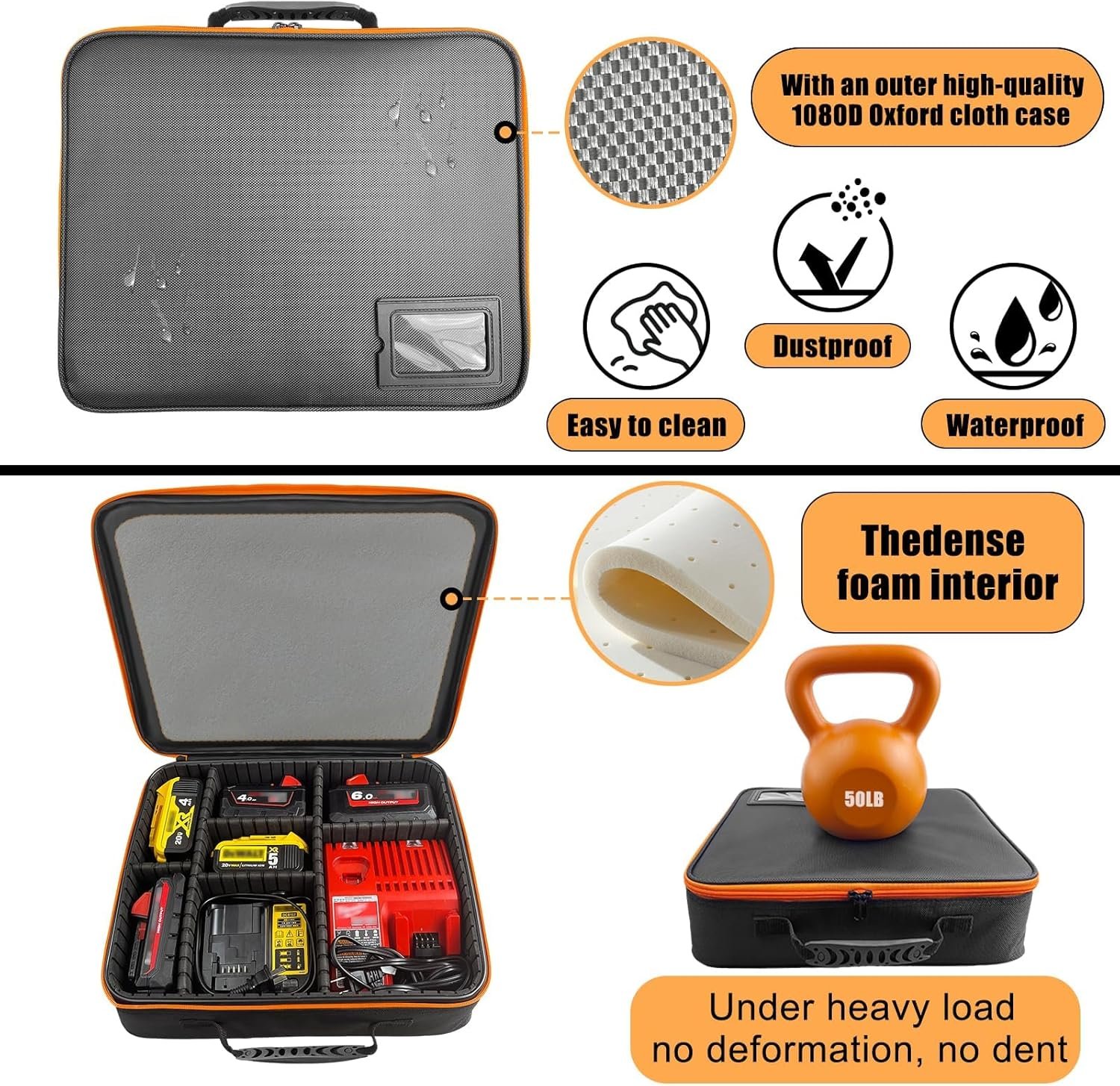 Extra Large Hard Tool Battery Carrying Case fits for Dewalt/Milwaukee/Makita 20V/60V/12V/18VBattery & Charger, Portable Power Tool Box Storage Bag with Adjustable Dividers for Accessories Organizer