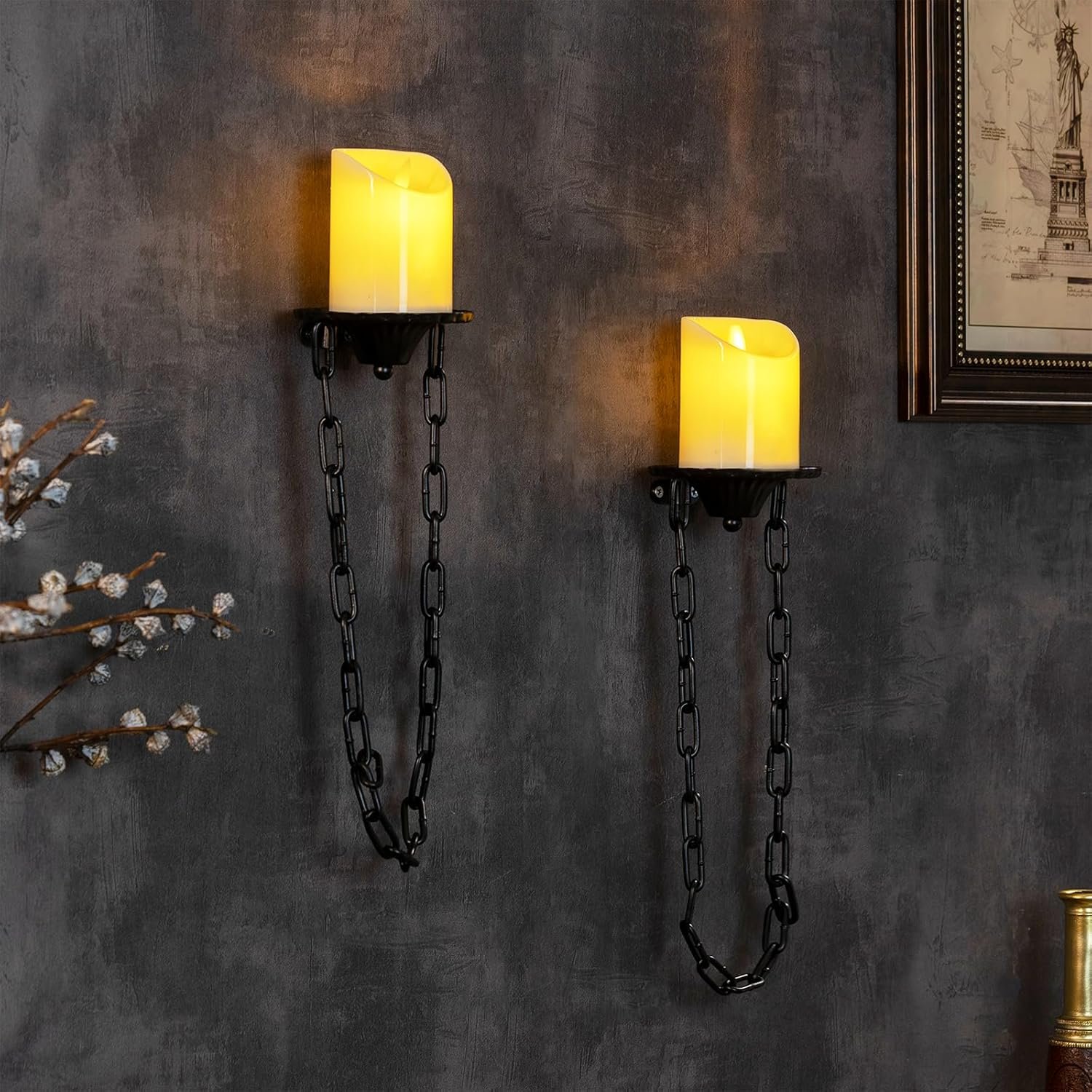 We Moment Candle Sconce(Set of 2)-Medieval Metal Wall Decorations-Gothic Retro Chain Wall Candle Sconces-Black Wall Sconces