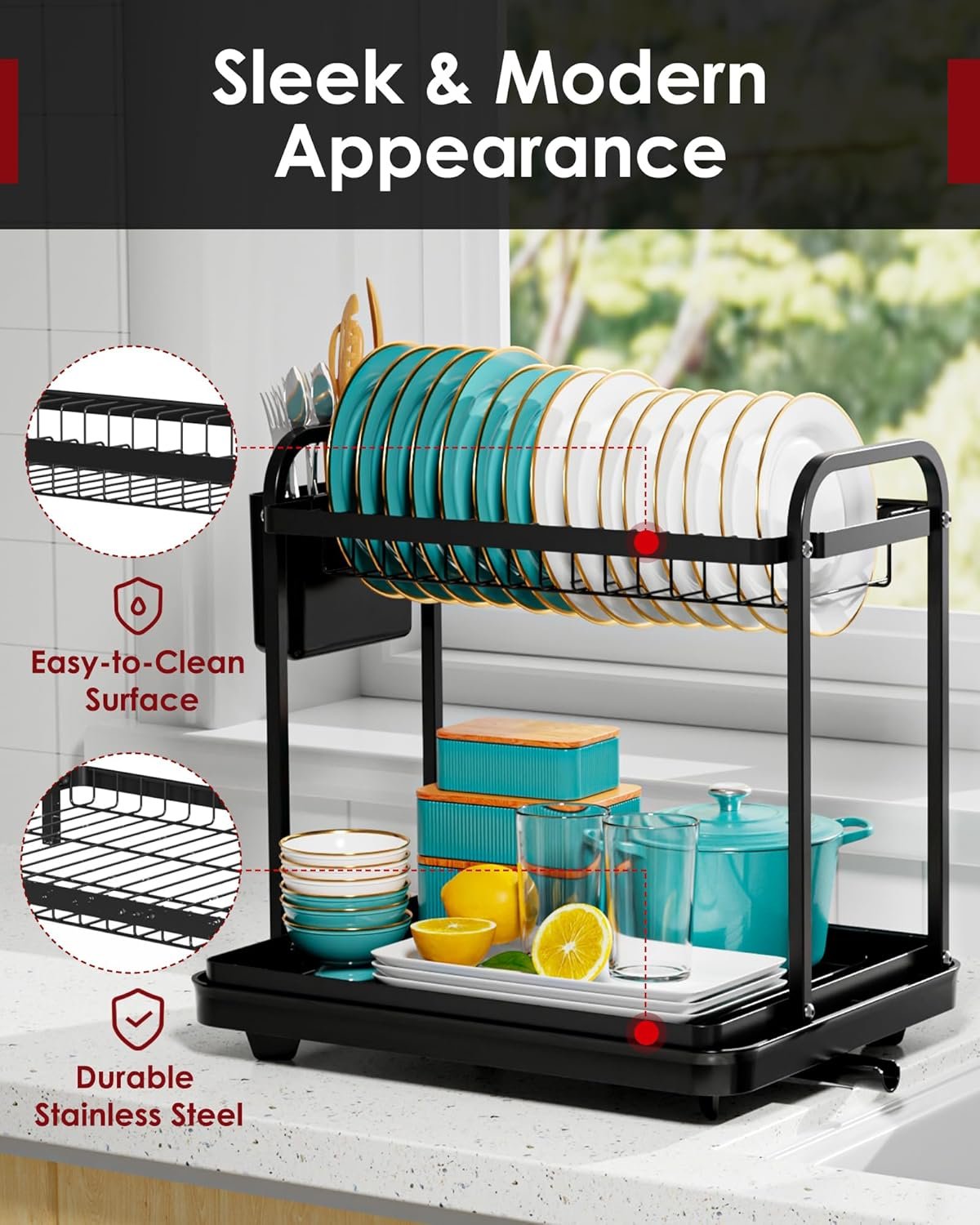 Sakugi 2-Tier Dish Drying Rack – Stainless Steel Dish Rack with Cutlery & Utensil Holders for Kitchen Counter, Sink Organization and Storage Essentials, Home Decor, 15″ W x 11.4″ L x 15″ H, Black