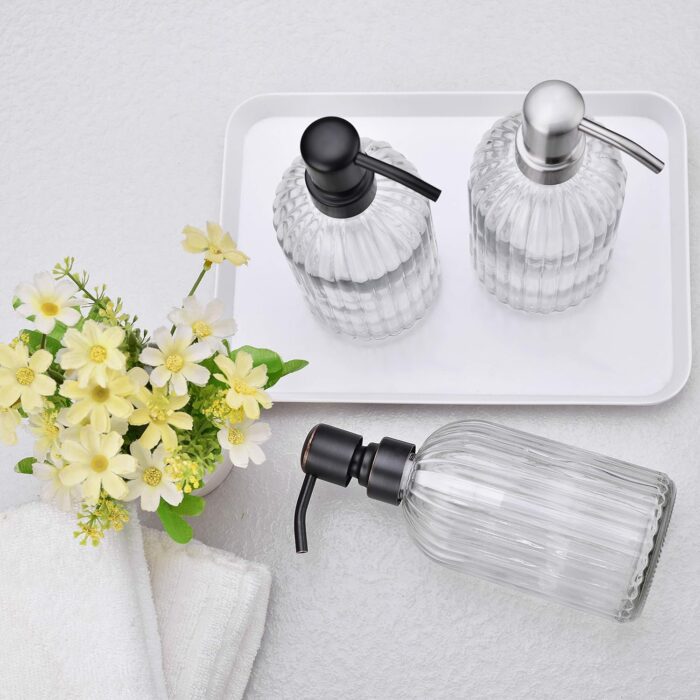 16Oz Clear Glass Soap Dispenser with Rust Proof Bronze Stainless Steel Pump, Refillable Bathroom Soap Dispenser with Vertical Stripe, Oil Rubbed Bronze Pump Kitchen Dispensers - Image 2