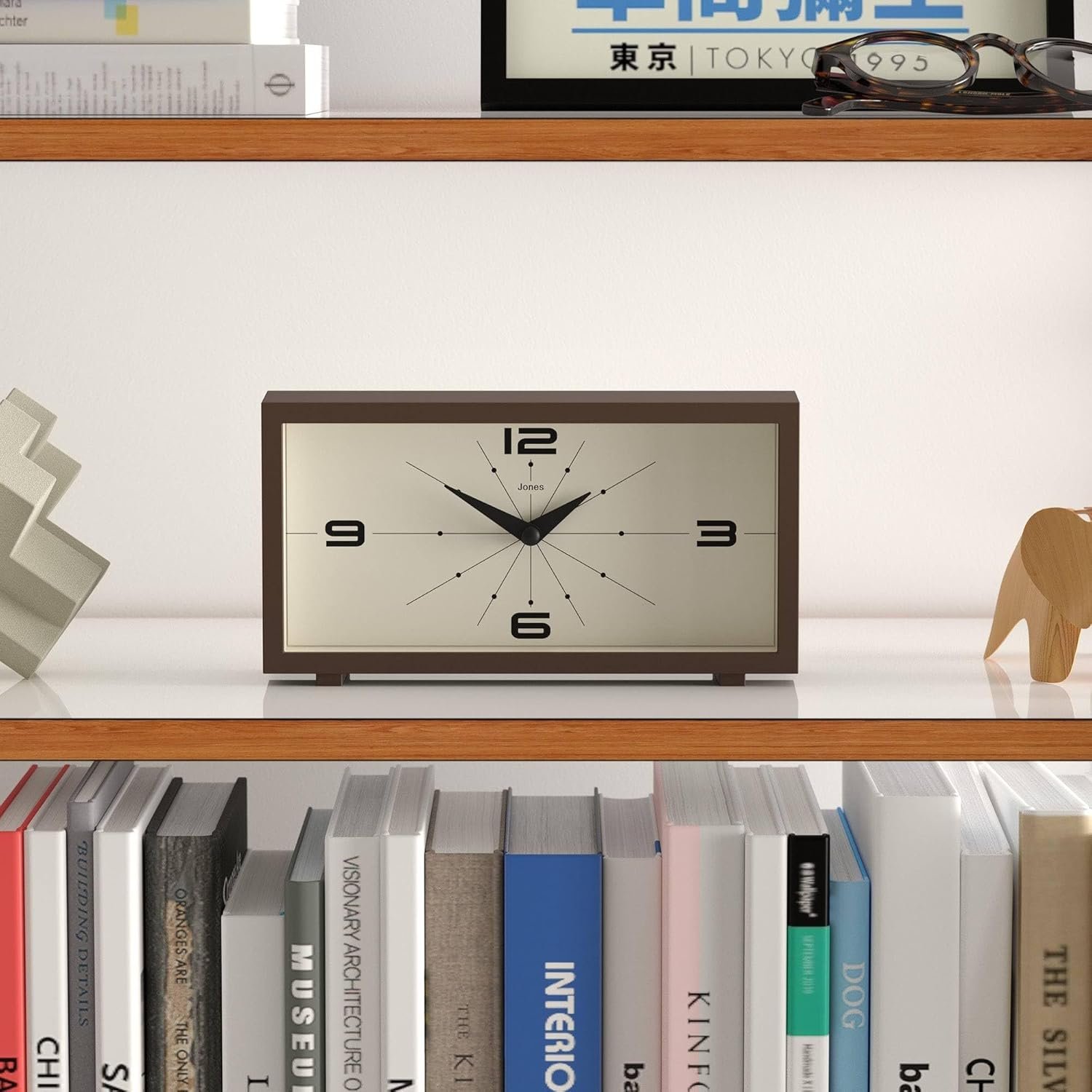 JONES CLOCKS® ‘Odeon’ Desk Clock | Modern Rectangular Design in Brown, Stylish Retro Look for Shelf, Table, Mantel or Bedside