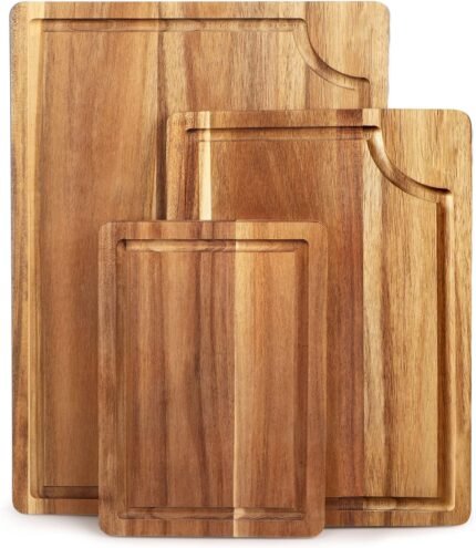 Acacia Wood Cutting Board Set with Juice Groove (3 Pieces), Organic Wooden Cutting Boards for kitchen, Butcher Block Cutting Board for Meat, Vegetable, Wooden Chopping Board 15×10, 12×8, 9×6 inch