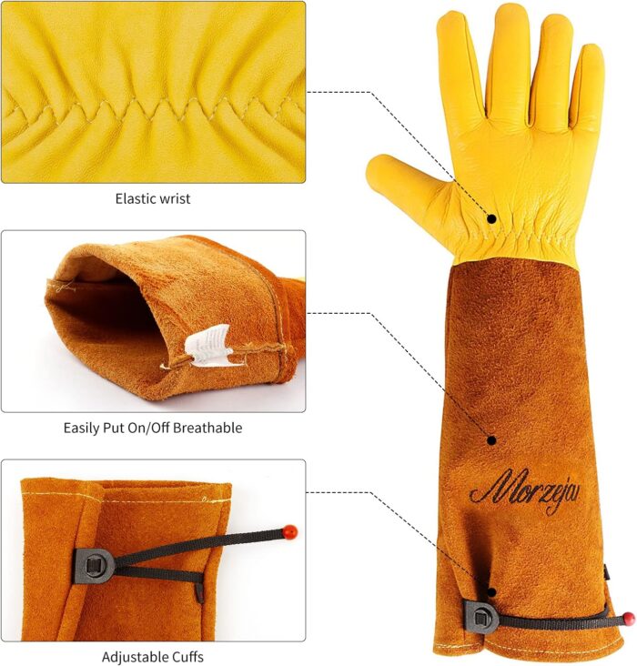 Long Gardening Gloves for Women & Men, Rose Pruning Gloves Thorn Proof, Adjustable Cuff, Breathable Leather Cowhide Garden Gloves, Garden Tools for Gardener,Yard Work, Cactus,Rose, Blackberry(Small) - Image 5