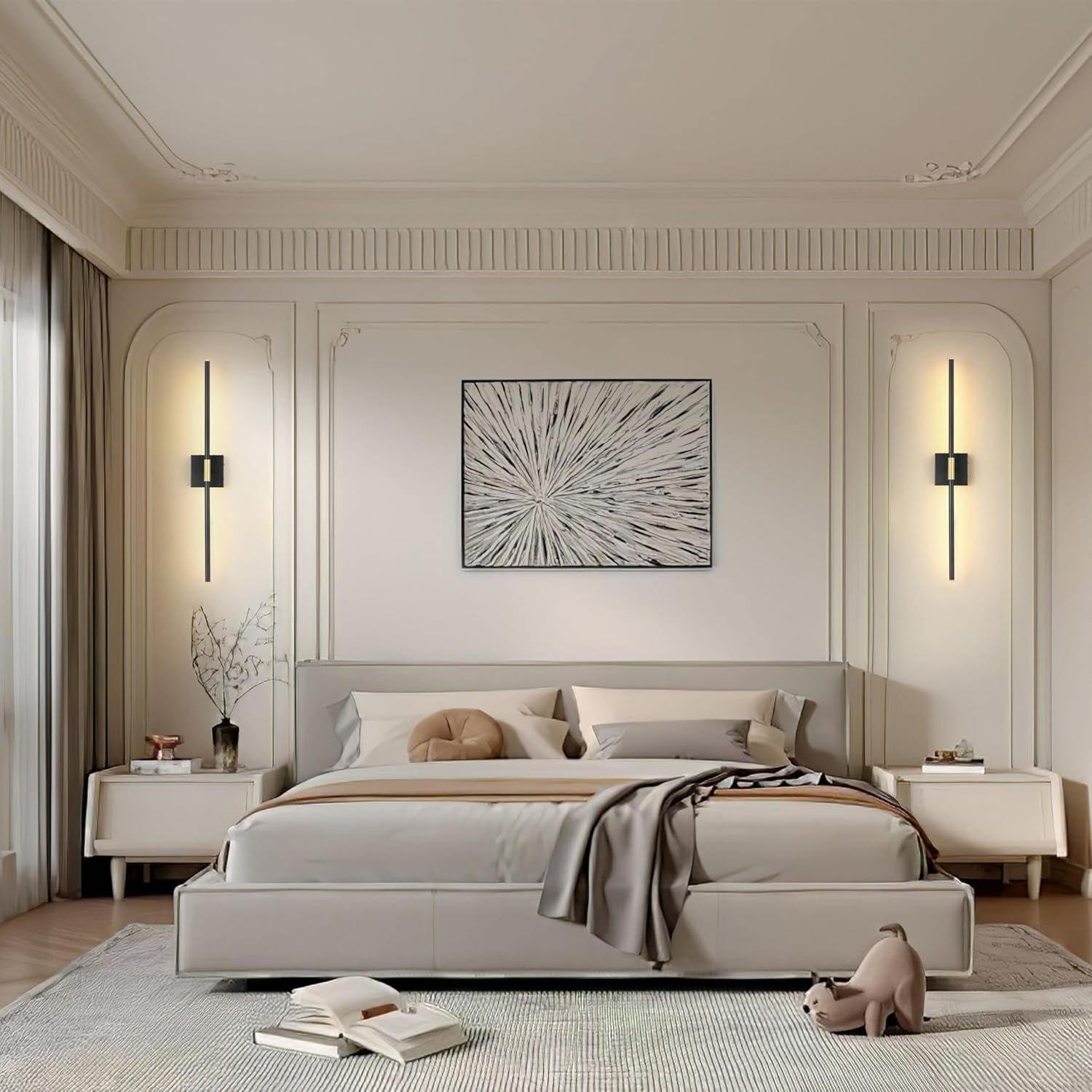 30 Inch Battery Operated Wall Sconces Set of Two, Dimmable Wall Sconces with Remote Control, Black Gold Rechargeable Sconces, LED Wireless Wall Lights for Bedroom, Living Room, Bathroom