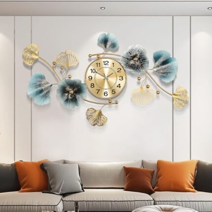 Wall Clocks for Living Room Decor,Large Wall Clock,3D Creative Metal Ginkgo Leaf Design,with Silent Movement Wall Clocks for Home Wall Decor Clock（33″x18″）