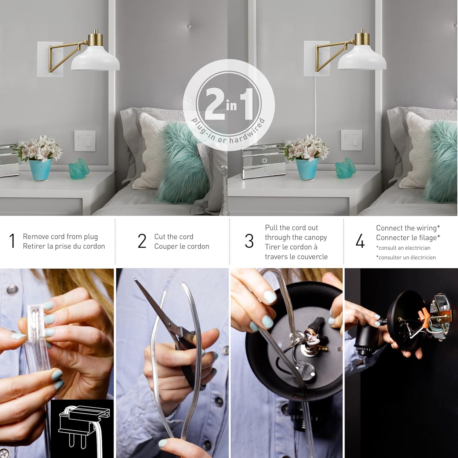 GLOBE Electric 51344 1-Light Plug-in or Hardwire Swing Arm Wall Sconce, White, Brass Accents, White-Cloth Cord, Mounted Bedside Lamp, Kitchen Sconces Wall-Lighting, Bulb Not Included