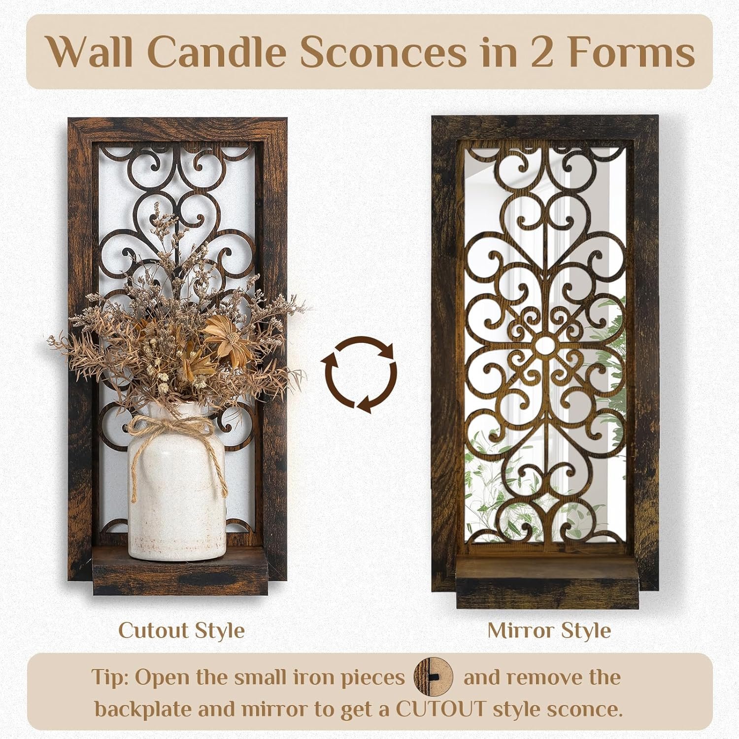 Farmhouse Wall Candle Holder Decor: Rustic Candle Sconces Set of Two for Pillar Candles – Brown Wooden Shelving for Fireplace Bathroom Hallway