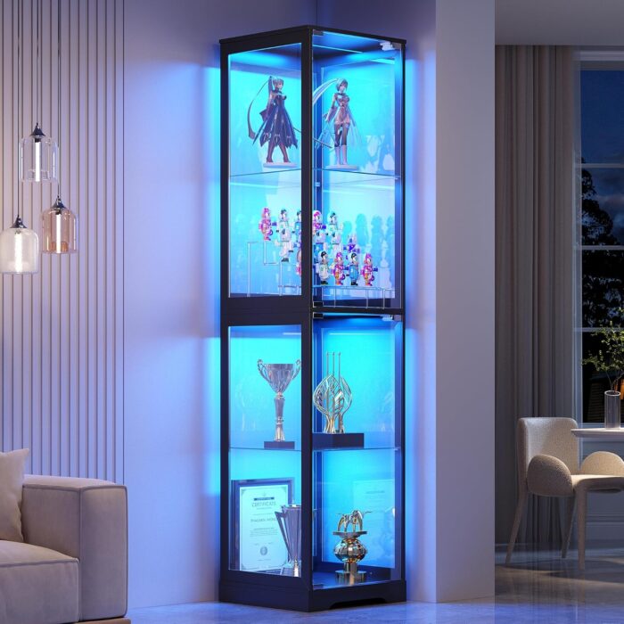 Glass Display Cabinet with Doors, 65″ Tall 4-Tier Curio Display Case with 3 Color Lights and Human Body Sensor, Bookcase for Collectibles, Black
