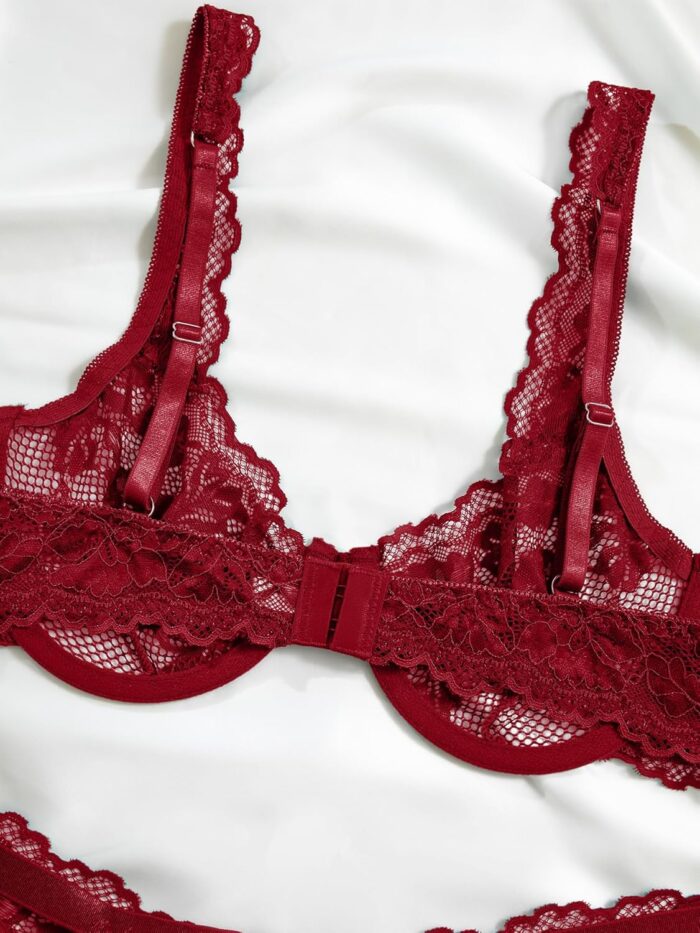 Sexy Scallop Floral Lace Mesh Sheer Underwire Lingerie Set 2 Piece - Image 5