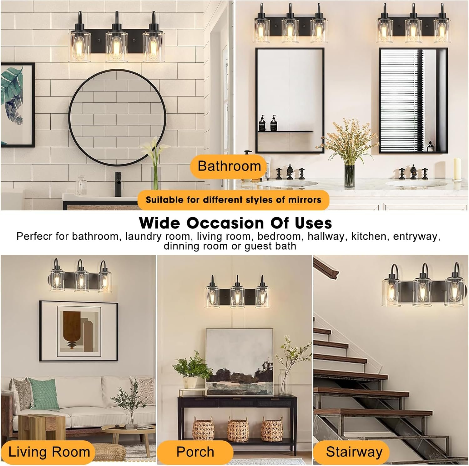 3-Light Bathroom Light Fixtures, Black Vanity Light Farmhouse Wall Sconces with Clear Glass Shade, Modern Bathroom Wall Lamp for Mirror Bedroom Hallway Living Room Cabinet