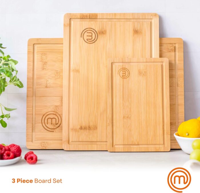MasterChef Bamboo Cutting Boards for Kitchen, Wooden Cutting Board Set of 3, Natural, Organic & Food Safe Surface, Reversible Large, Medium & Small Wooden Chopping Boards with Juice Grooves - Image 2