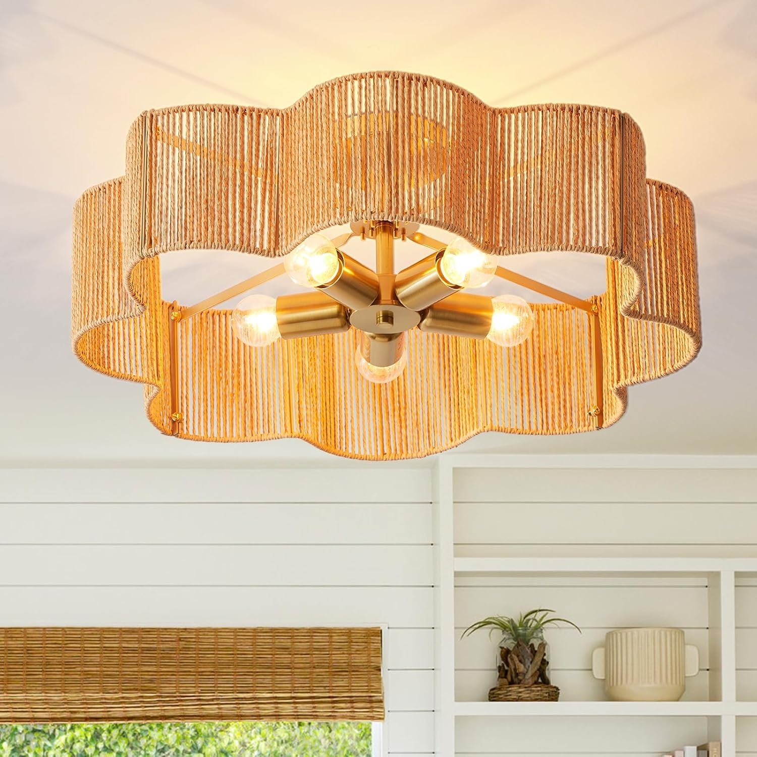 21” Rattan Light Fixtures Ceiling Light， Wicker Boho Chandelier with Hand Woven Brushed Brass Finish Flower Shade for Kids Room Bedroom Laundry Room Cloak Room 5-Light