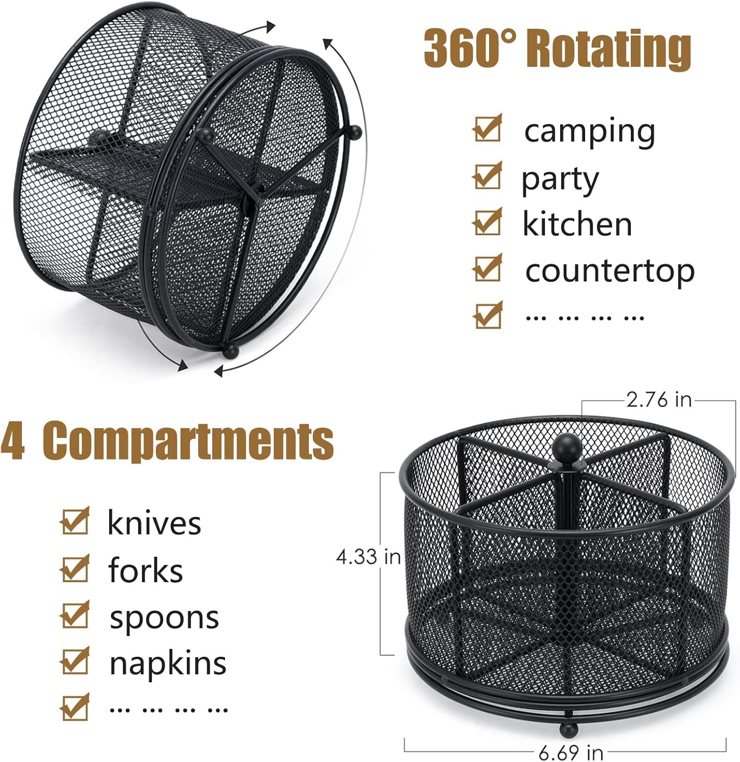 360° Rotating Metal Utensil Caddy – 4 Compartment Silverware Cutlery Holder Rotation Fork Spoon Napkin Organizer Flatware Storage Basket Party Countertop Buffet Picnic Camping Outdoor Black