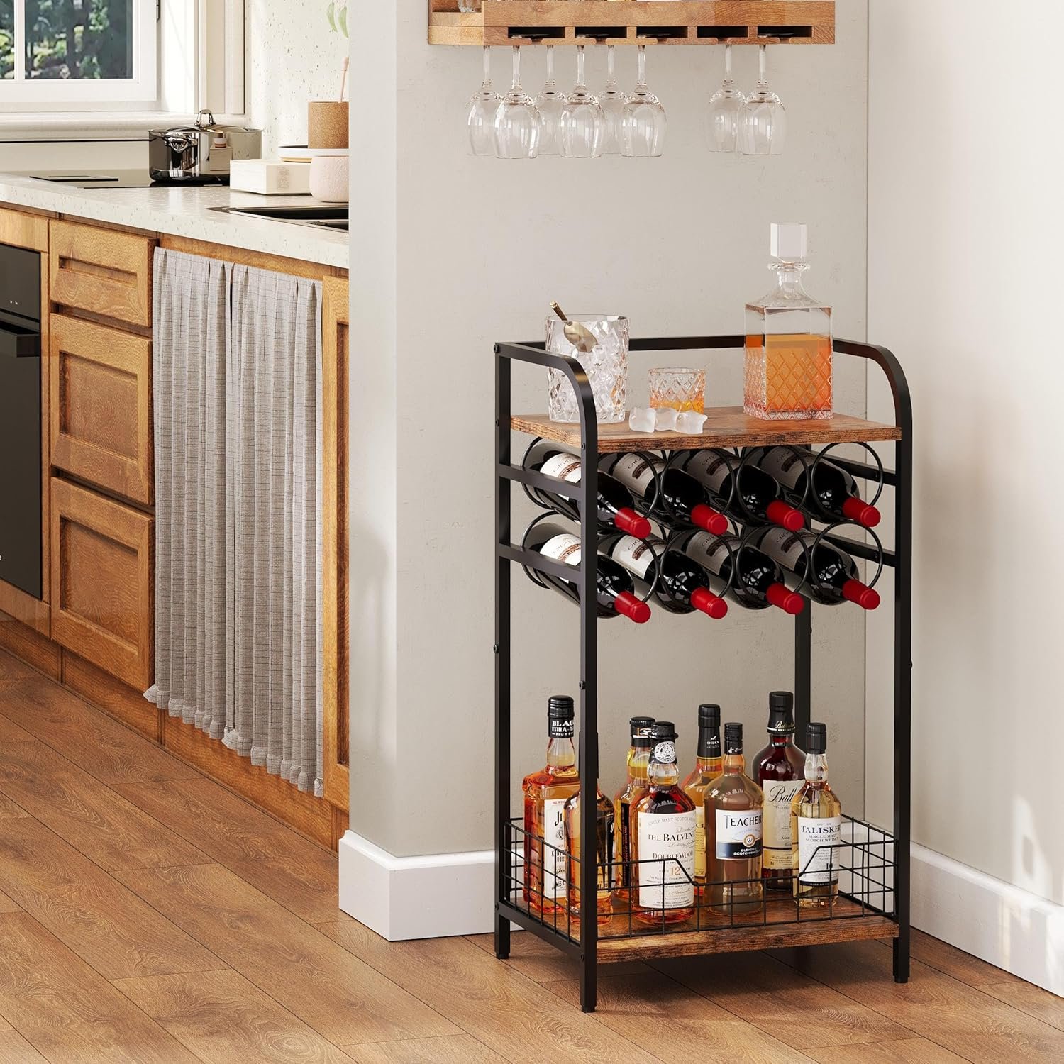 3-Tier Wine Bar Table: Small Liquor Bottle Holder with 8-Bottle Wine Rack Mini Wine Bar Cabinet Corner Whiskey Display Shelf Floor Liquor Storage Bar for Home Living Room