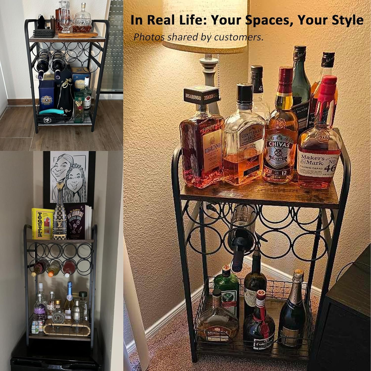 3-Tier Wine Bar Table: Small Liquor Bottle Holder with 8-Bottle Wine Rack Mini Wine Bar Cabinet Corner Whiskey Display Shelf Floor Liquor Storage Bar for Home Living Room