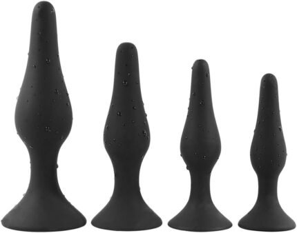 Butt Plugs Trainer Silicone Anal Plugs Beginners Starter Set for Women and Men Soft Silicone Plugs Toys Trainer 4 Piece Set (Black)