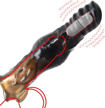 Vibrating Penis Sleeve with Ball Stretcher – Black Reusable Unique Shape Stretchy Cock Extender Sheath with Thick Knot – Penis Enlarger Sex Toy for Couples Men