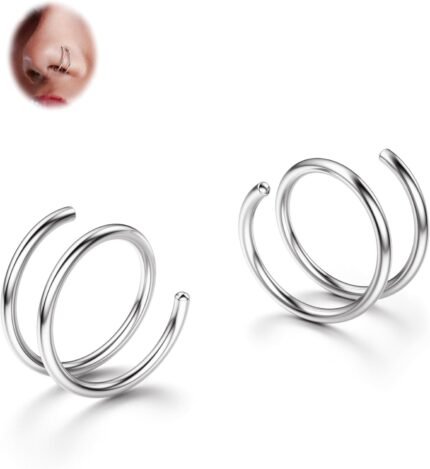 BodyBonita 2-8Pcs Softened 316L Stainless Steel Double Hoop Nose Ring for Single Piercing 22G 20G 18G Bendable Twist Spiral Nose Rings Hoops for Women 8mm 10 mm