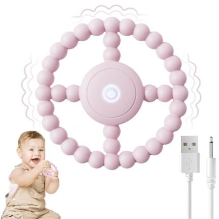 Vibrating Sensory Teething Toys, Soothing Chew Ring for Babies 6-18 Months, Autism Support & Oral Development, USB Rechargeable Teether for Toddlers, 1-2 Year Old Boys Girls Gifts idea (Pink)