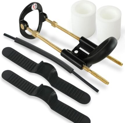 LeLuv Large Slider Penis Extender – Deluxe Kit, Black and Gold – Adjustable Length with Threaded Rods – Two Sets of Wide Straps and Basic Securing Options