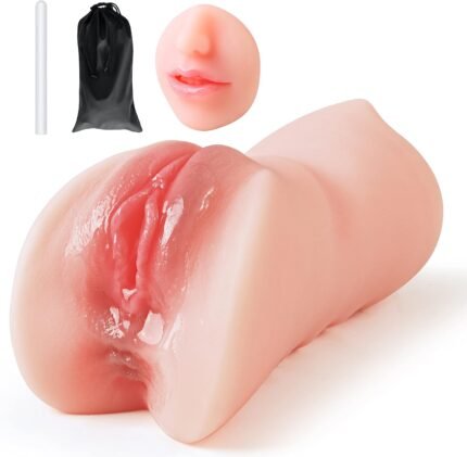 3 in 1 Pocket Pussy Male Masturbator & Drying Stick&Waterproof Storage Bag, Double-Ended Male Sex Toy Mouth Tongue Textured Vagina & Tight Anus for Men Masturbation (Flesh)