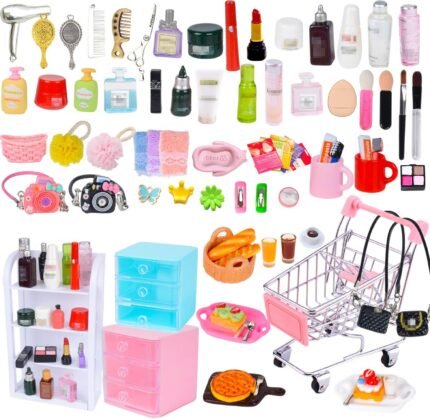 100 Pcs Dollhouse Mini Cosmetic Set，Miniature Bathroom Accessories，Mini Makeup Pretend Play Gifts for Girls，Jewelry Storage Case Shelf Handbag Camera Toiletries Dollhouse DIY Micro Scene