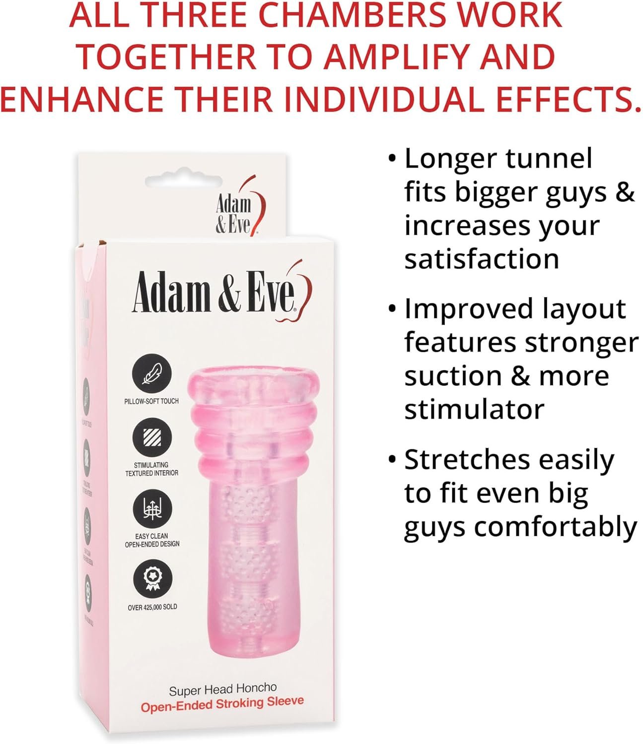 Adam & Eve Super Head Honcho Masturbator, Upgraded Male Stroker with Strong Suction and Longer Tunnel, Soft Stretchy TPR, Open Ended for Easy Cleaning, Textured Sleeve for Intense Stimulation