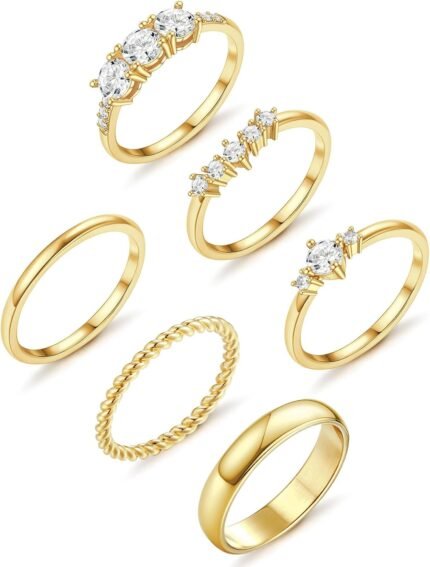 Besteel Gold Rings for Women – Non Tarnish 14K Gold Plated Stackable Rings, Dainty Cubic Zirconia Thin Thumb Ring Set, Trendy Statement Promise Wedding Bands Engagement Rings for Women Size 6-10