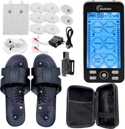 Tens Unit Muscle Stimulator 24 Modes EMS Pulse Massager Machine Device Neck Back Leg Shoulder Pain Relief with Reflexology Slippers + EVA Travel Case