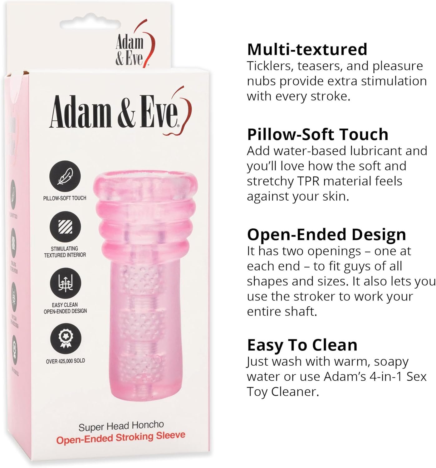 Adam & Eve Super Head Honcho Masturbator, Upgraded Male Stroker with Strong Suction and Longer Tunnel, Soft Stretchy TPR, Open Ended for Easy Cleaning, Textured Sleeve for Intense Stimulation