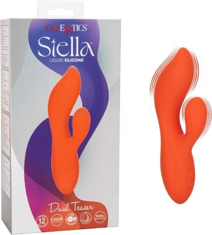 CalExotics Stella Liquid Silicone Dual Teaser – Premium Rechargeable Rabbit Massager Vibrator – Sex Toy for Women – Orange