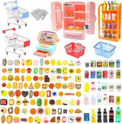 139 Pcs Mini Shopping Cart Basket Miniature Food Drink Toy Supermarket, Miniature Dollhouse Furniture and Accessories,Grocery Store Pretend Play,Doll House Refrigerator Mini Fridge Toy Mini Food Set