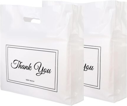 Belinlen 100Pcs 16×18 Inch Thank You Bags for Small Business Plastic Retail Shopping Bags for Stores, Boutique, Party, Gift, Clothes Reusable Plastic Thank You Bag (White, 2.36mil Thickness)