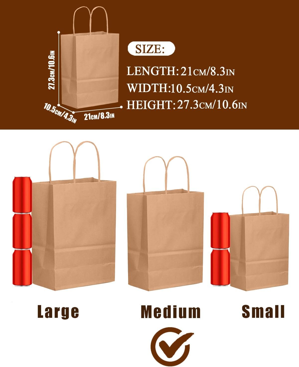 Bakepacker 400-Pack Medium Size Gift Paper Bags with Handles Bulk 10.6″x8.3″x4.3″ Brown Party Kraft Shopping Bags