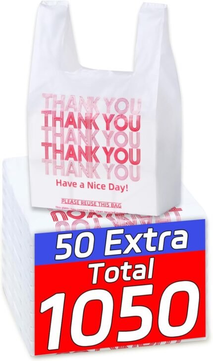 1050 Count Plastic Bags with Handles, T-Shirt bags, Thank You bags, Grocery bag, Shopping bag, |for Store, Supermarket, Retail, Carry, Pack|, White, 1/6 Barrel, Large Size 11″x6″x21″