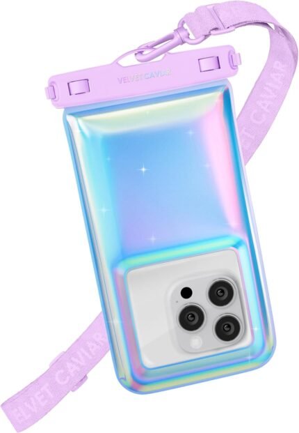 VELVET CAVIAR Waterproof Phone Pouch with Lanyard | IP68 Floating Case for iPhone & All Phones | Dry Bag for Snorkeling, Beach, Kayaking | Travel & Cruise Essentials for Women (Lavender Holo)