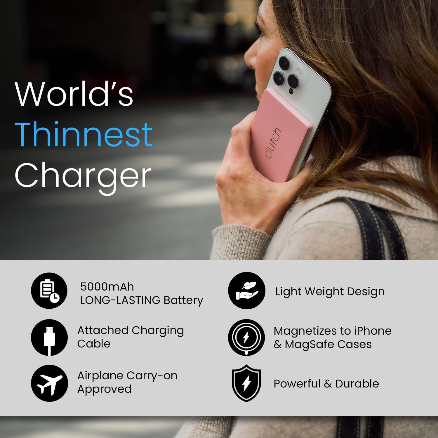 Clutch Pro Portable iPhone Charger for Travel 5000 mAH TSA Approved Magnetic Airplane Safe Portable Charger only Compatible with iPhone 14 & Older Devices with Built-in Lightning Cable 3.7 oz – Pink