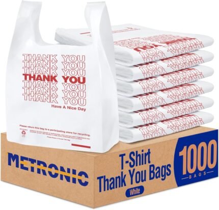 METRONIC 1000 Count White Thank You Bags with Handles, 11.5″ x 6.5″ x 21″ Plastic Carry Bags for Retail, Supermarket, Grocery Shopping Bag for T-shirt Packaging, Takeout, Convenience Stores, in Bulk