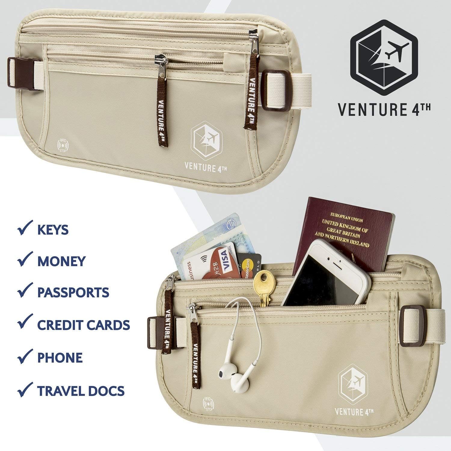 VENTURE 4TH Money Belt for Travel – Hidden Under-Clothes RFID Blocking Passport Holder & Slim Travel Wallet Pouch for Men & Women to Protect Cash, Cards & Documents (Beige)
