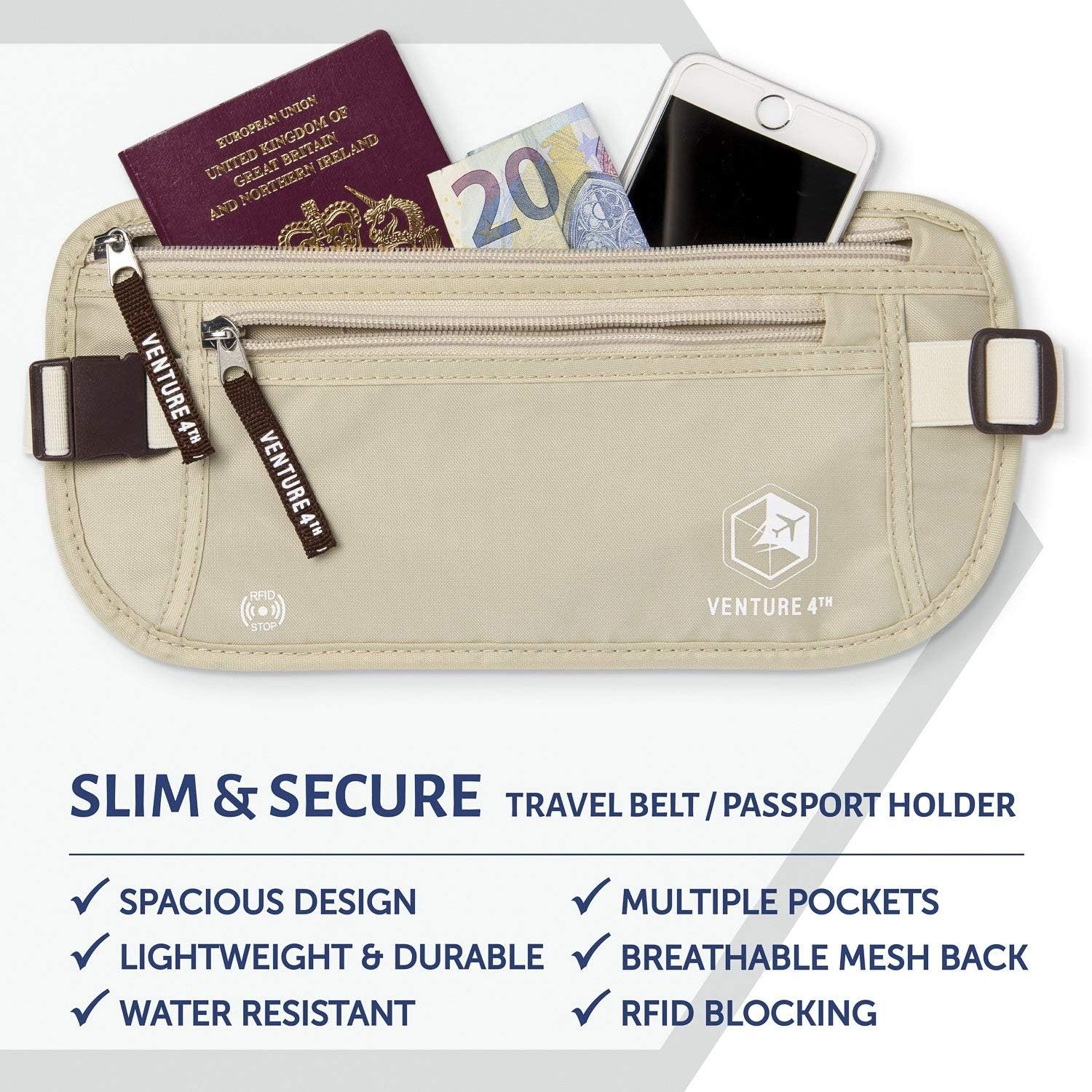 VENTURE 4TH Money Belt for Travel – Hidden Under-Clothes RFID Blocking Passport Holder & Slim Travel Wallet Pouch for Men & Women to Protect Cash, Cards & Documents (Beige)